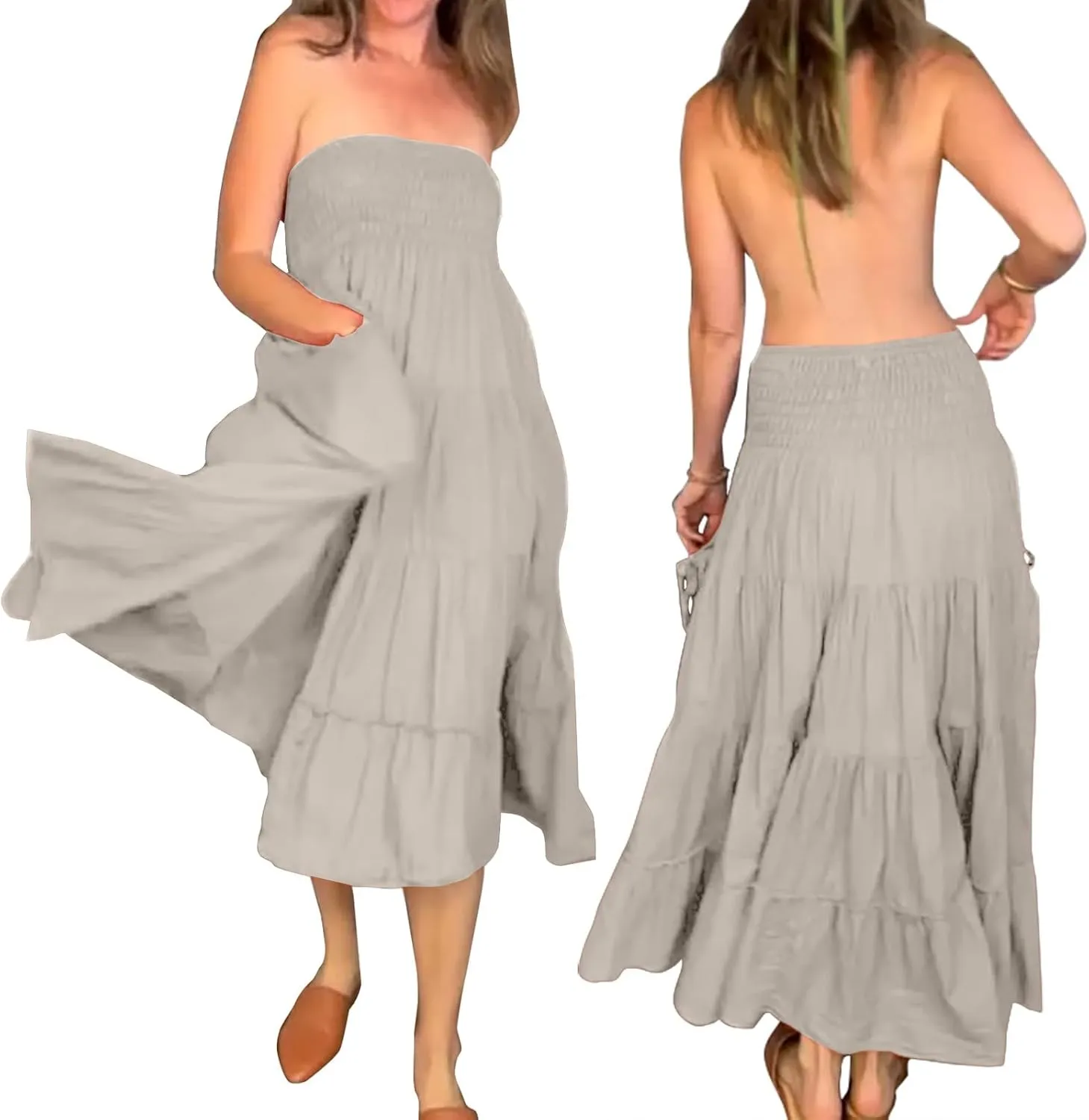 Women Boho Maxi Skirts Western A Line Elastic High Waist Pleated Ruffle Flowy Long Beach Skirts with Pockets