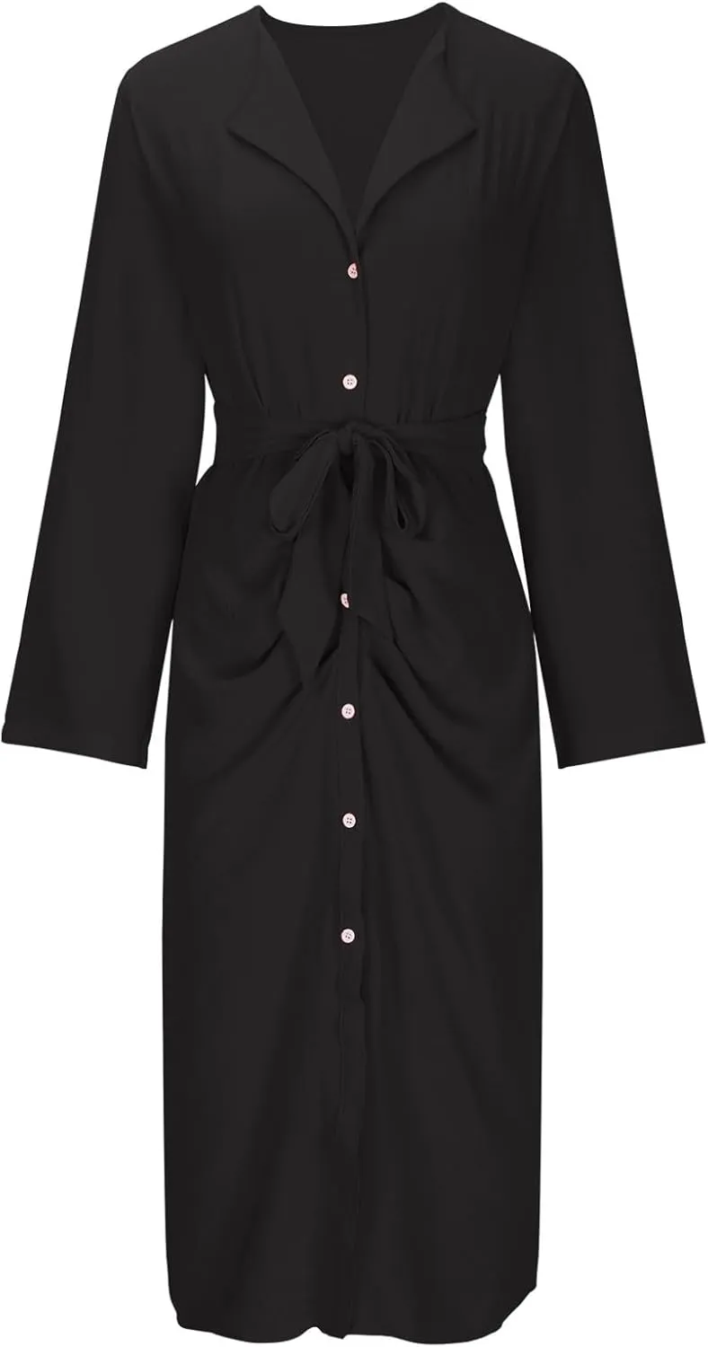 Women Button Down Midi Pencil Dress Long Sleeve V Neck Office Sheath Dress Elegant Belted Ruched Slim Teacher Dress
