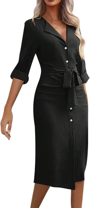 Women Button Down Midi Pencil Dress Long Sleeve V Neck Office Sheath Dress Elegant Belted Ruched Slim Teacher Dress
