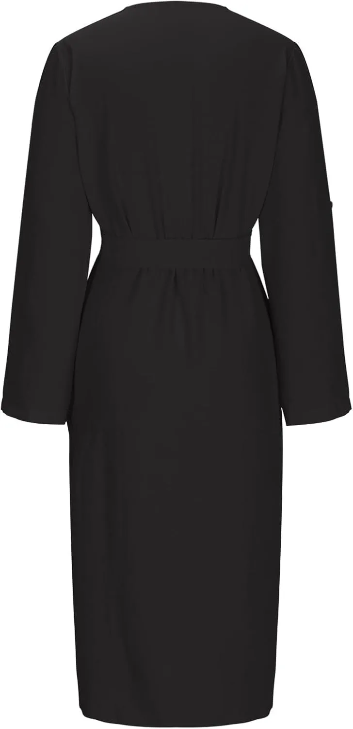 Women Button Down Midi Pencil Dress Long Sleeve V Neck Office Sheath Dress Elegant Belted Ruched Slim Teacher Dress