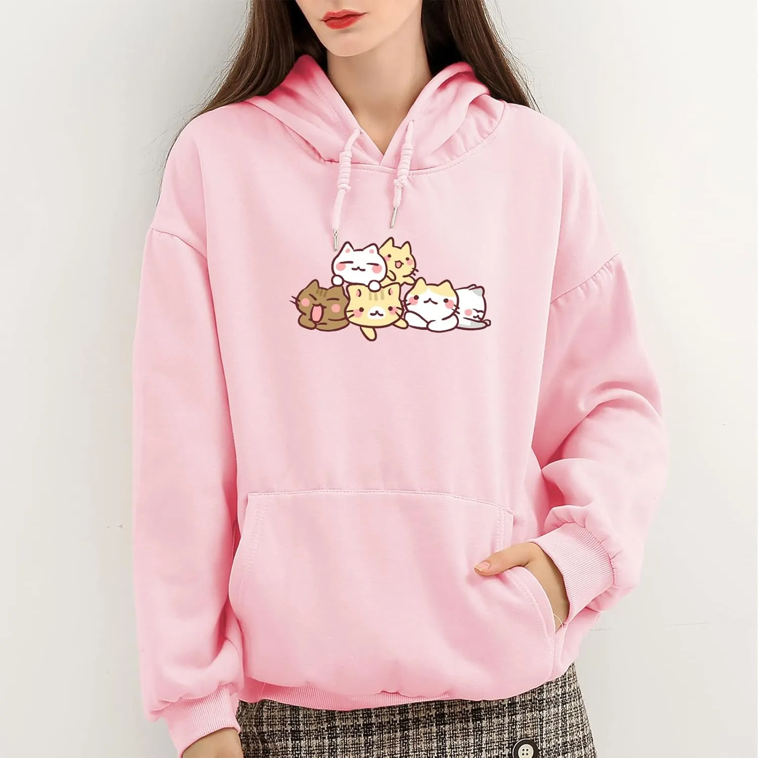 Women Cute cat Sweatshirt Oversized kawaii animal Print Hoodies Long Sleeve pullover Cotton Aesthetics Sweater Girl