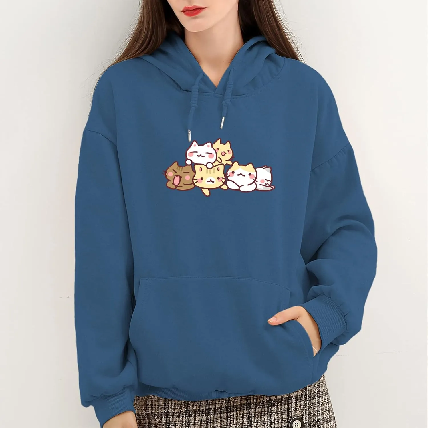 Women Cute cat Sweatshirt Oversized kawaii animal Print Hoodies Long Sleeve pullover Cotton Aesthetics Sweater Girl