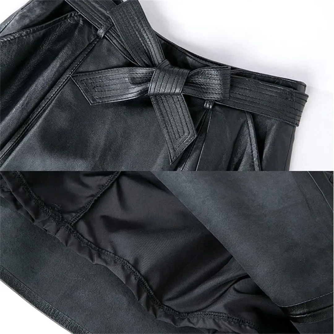 Women Genuie Leather Midi Street Saia Bow Belt Retro Vase Faldas Girls Pleated Jupe Faldas Skirt