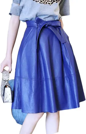 Women Genuie Leather Midi Street Saia Bow Belt Retro Vase Faldas Girls Pleated Jupe Faldas Skirt