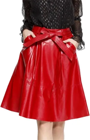 Women Genuie Leather Midi Street Saia Bow Belt Retro Vase Faldas Girls Pleated Jupe Faldas Skirt