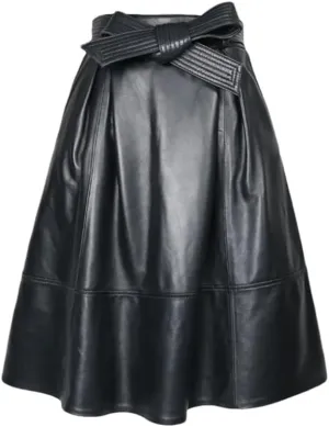 Women Genuie Leather Midi Street Saia Bow Belt Retro Vase Faldas Girls Pleated Jupe Faldas Skirt