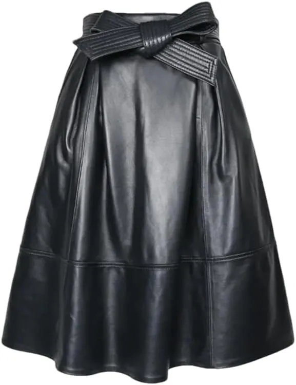 Women Genuie Leather Midi Street Saia Bow Belt Retro Vase Faldas Girls Pleated Jupe Faldas Skirt