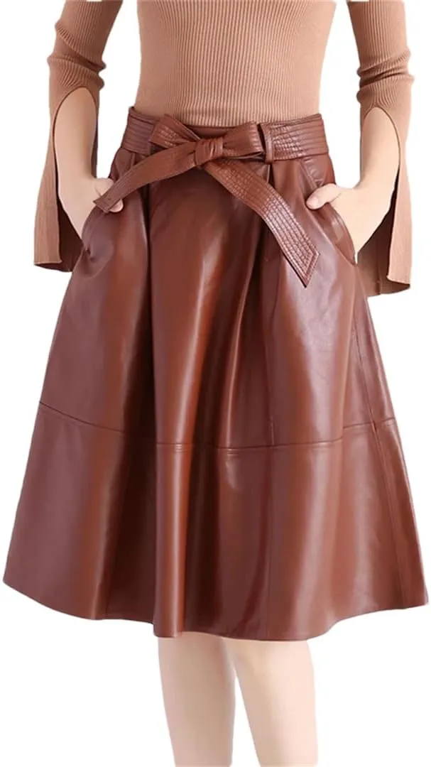 Women Genuie Leather Midi Street Saia Bow Belt Retro Vase Faldas Girls Pleated Jupe Faldas Skirt