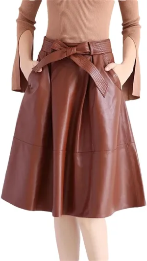 Women Genuie Leather Midi Street Saia Bow Belt Retro Vase Faldas Girls Pleated Jupe Faldas Skirt
