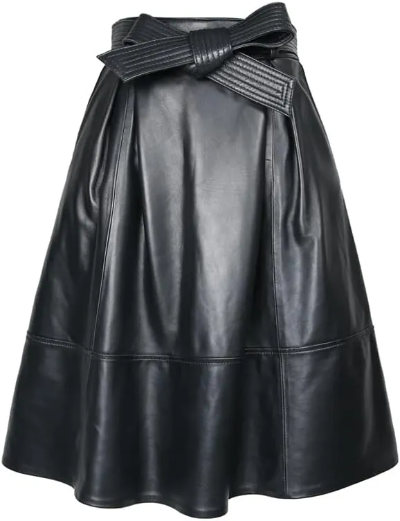 Women Genuie Leather Midi Street Saia Bow Belt Retro Vase Faldas Girls Pleated Jupe Faldas Skirt