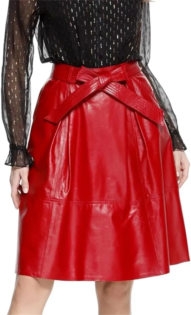 Women Genuie Leather Midi Street Saia Bow Belt Retro Vase Faldas Girls Pleated Jupe Faldas Skirt