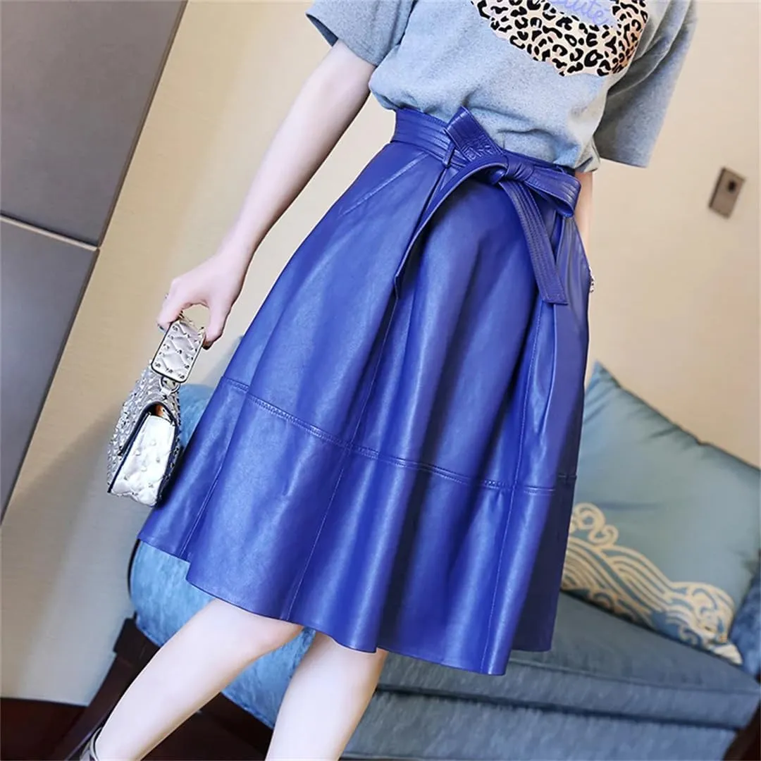 Women Genuie Leather Midi Street Saia Bow Belt Retro Vase Faldas Girls Pleated Jupe Faldas Skirt