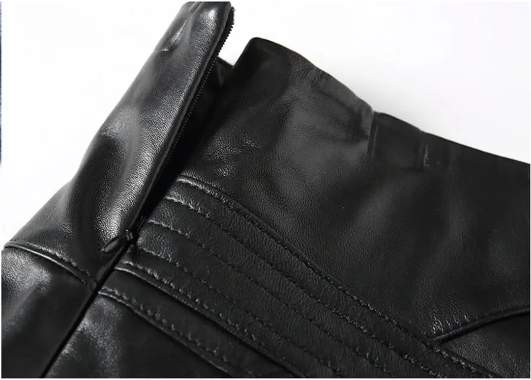 Women Genuine Leather High Waist Midi Black Long Mujer Real Skin Customer Pleated Jupe Skirt