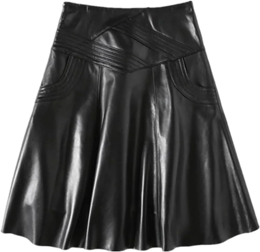 Women Genuine Leather High Waist Midi Black Long Mujer Real Skin Customer Pleated Jupe Skirt