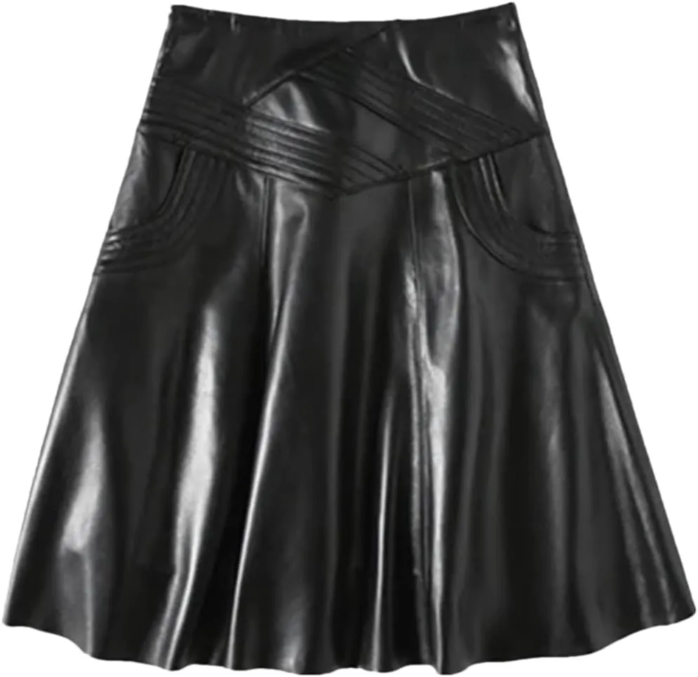 Women Genuine Leather High Waist Midi Black Long Mujer Real Skin Customer Pleated Jupe Skirt