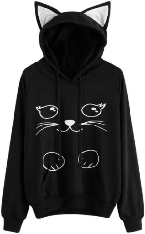 Women Girl Hoodies Cute Cat Ear Novelty Printed Pullover Sweatshirt