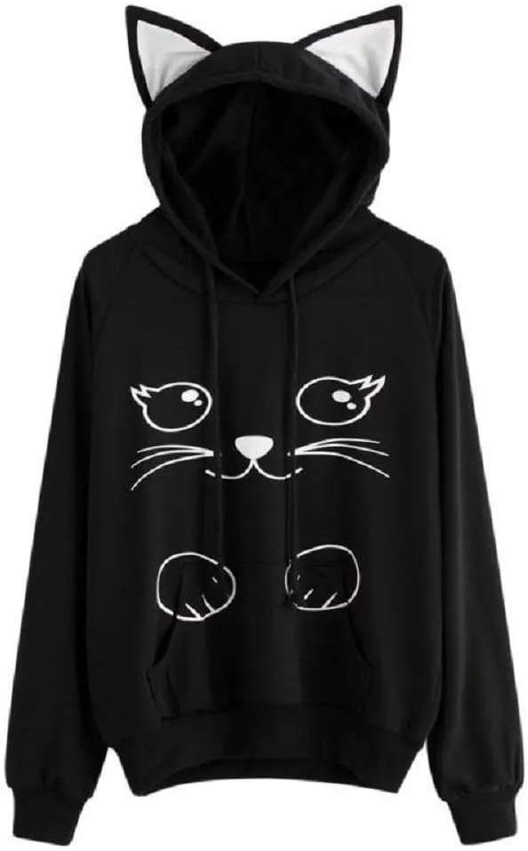 Women Girl Hoodies Cute Cat Ear Novelty Printed Pullover Sweatshirt