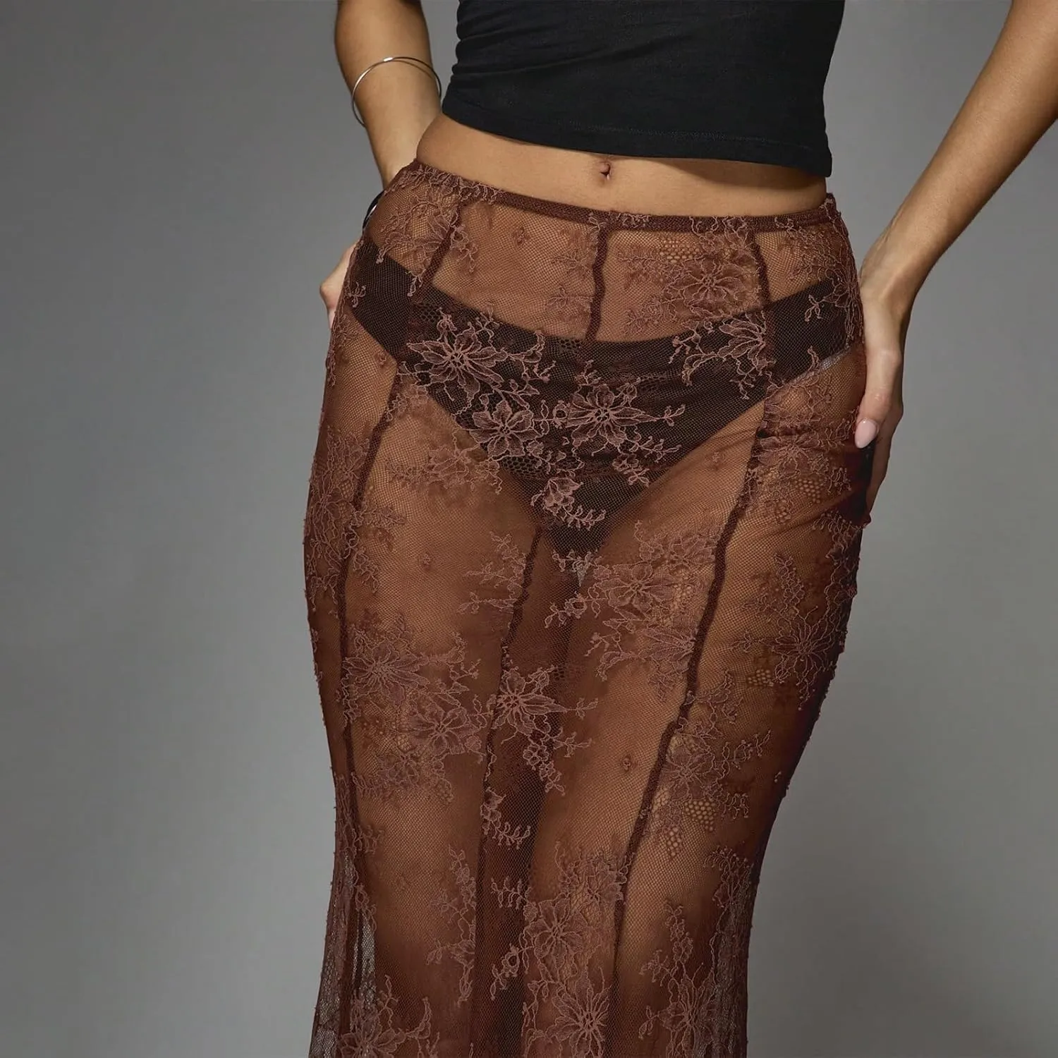 Women Lace Floral Maxi Skirts High Waist See Through Sheer Mesh Long Skirts Bodycon Summer Mermaid Skirt