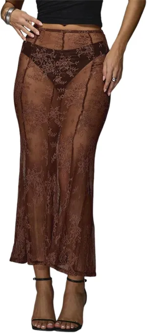 Women Lace Floral Maxi Skirts High Waist See Through Sheer Mesh Long Skirts Bodycon Summer Mermaid Skirt