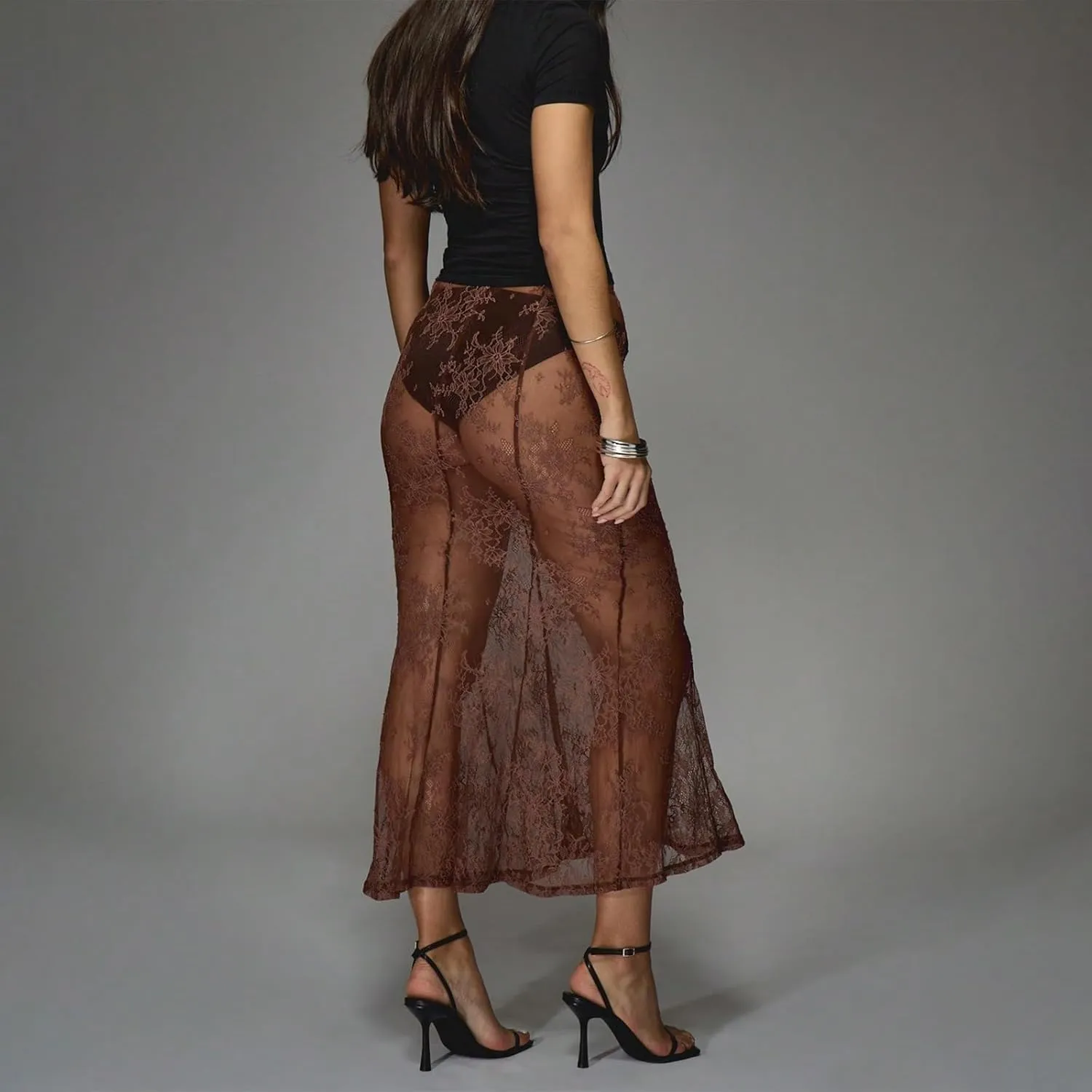 Women Lace Floral Maxi Skirts High Waist See Through Sheer Mesh Long Skirts Bodycon Summer Mermaid Skirt