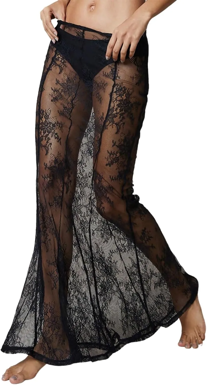 Women Lace Floral Maxi Skirts High Waist See Through Sheer Mesh Long Skirts Bodycon Summer Mermaid Skirt