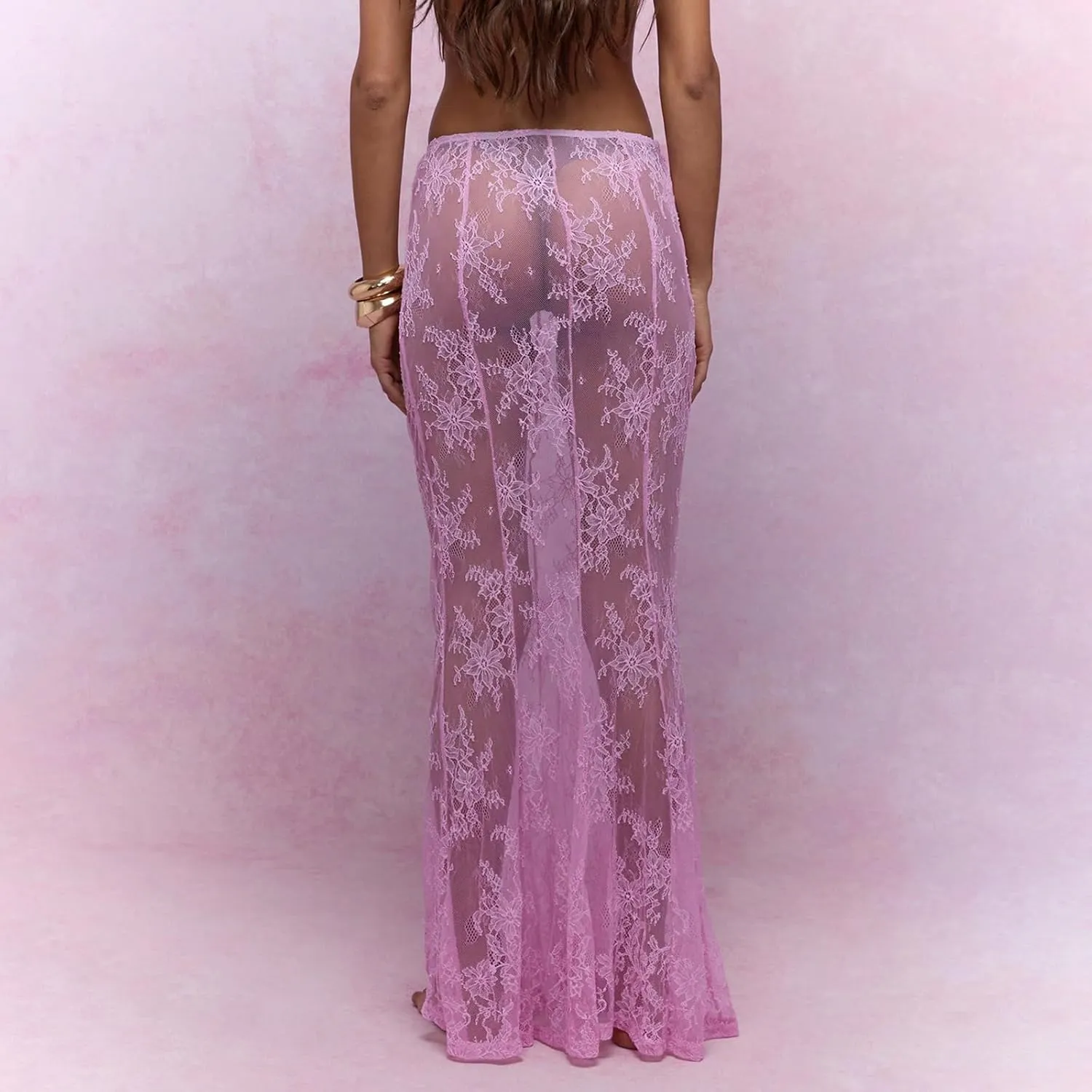 Women Lace Floral Maxi Skirts High Waist See Through Sheer Mesh Long Skirts Bodycon Summer Mermaid Skirt