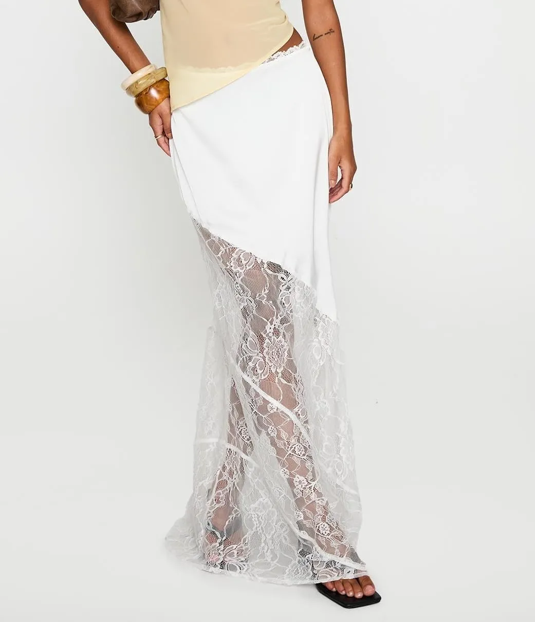 Women Lace Floral Maxi Skirts High Waist See Through Sheer Mesh Long Skirts Bodycon Summer Mermaid Skirt