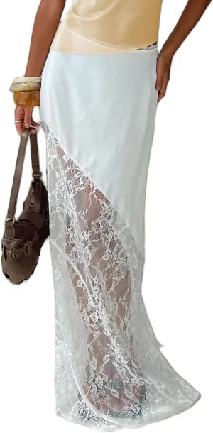 Women Lace Floral Maxi Skirts High Waist See Through Sheer Mesh Long Skirts Bodycon Summer Mermaid Skirt