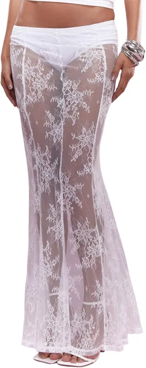 Women Lace Floral Maxi Skirts High Waist See Through Sheer Mesh Long Skirts Bodycon Summer Mermaid Skirt