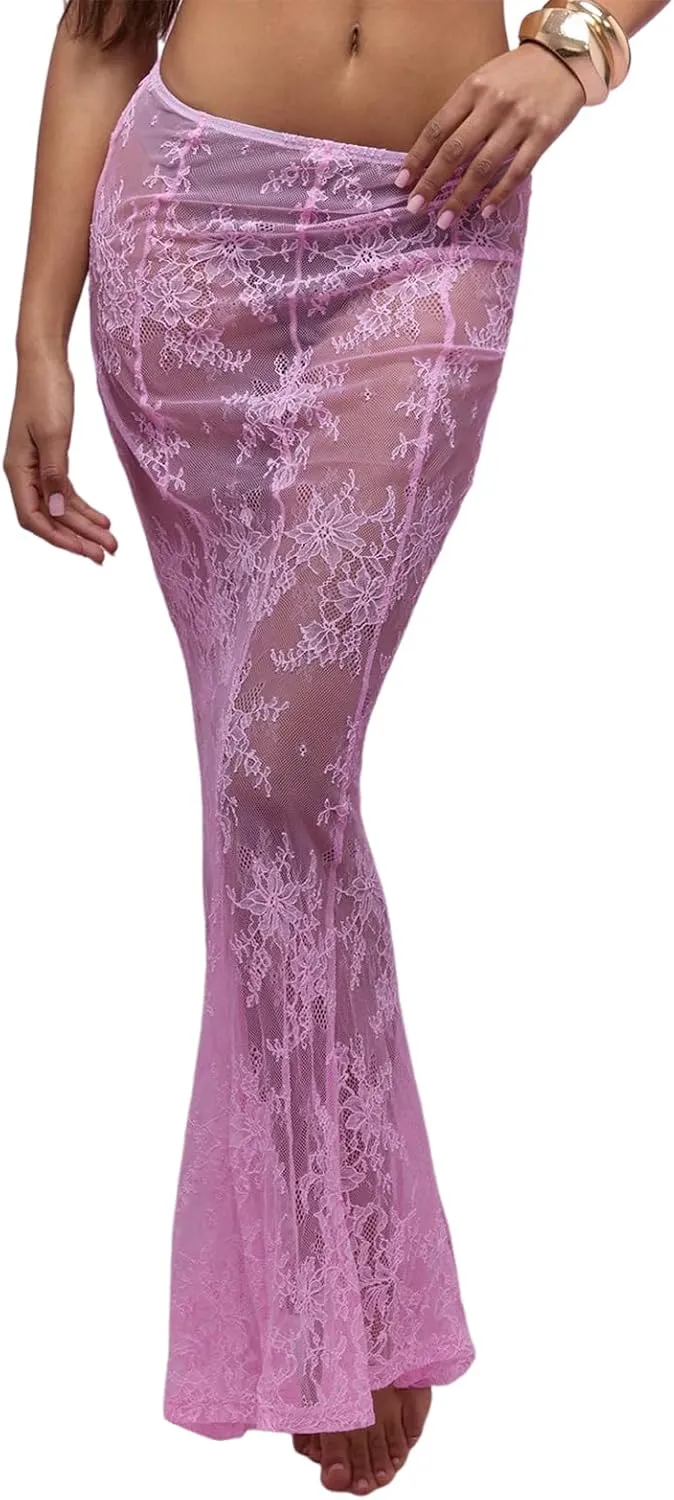 Women Lace Floral Maxi Skirts High Waist See Through Sheer Mesh Long Skirts Bodycon Summer Mermaid Skirt