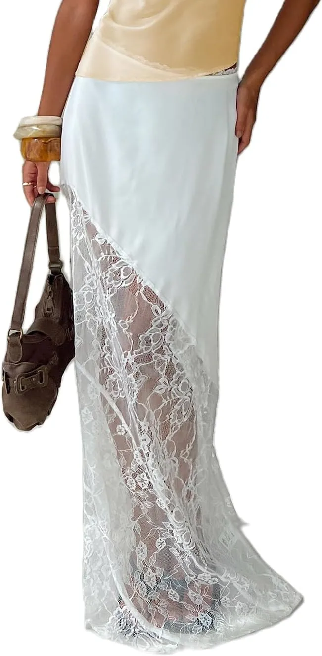 Women Lace Floral Maxi Skirts High Waist See Through Sheer Mesh Long Skirts Bodycon Summer Mermaid Skirt