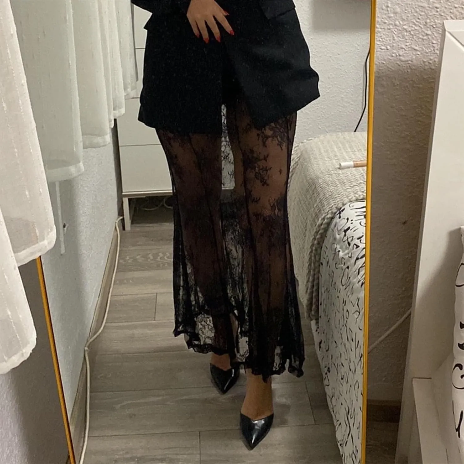 Women Lace Floral Maxi Skirts High Waist See Through Sheer Mesh Long Skirts Bodycon Summer Mermaid Skirt