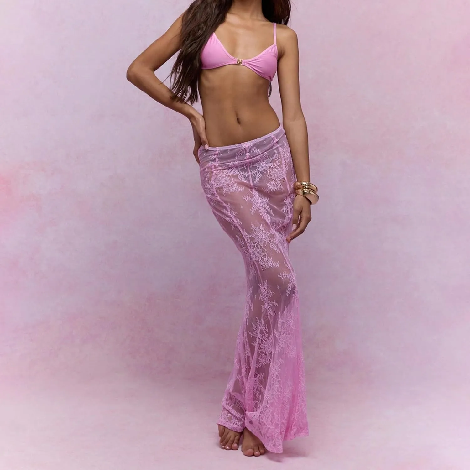 Women Lace Floral Maxi Skirts High Waist See Through Sheer Mesh Long Skirts Bodycon Summer Mermaid Skirt