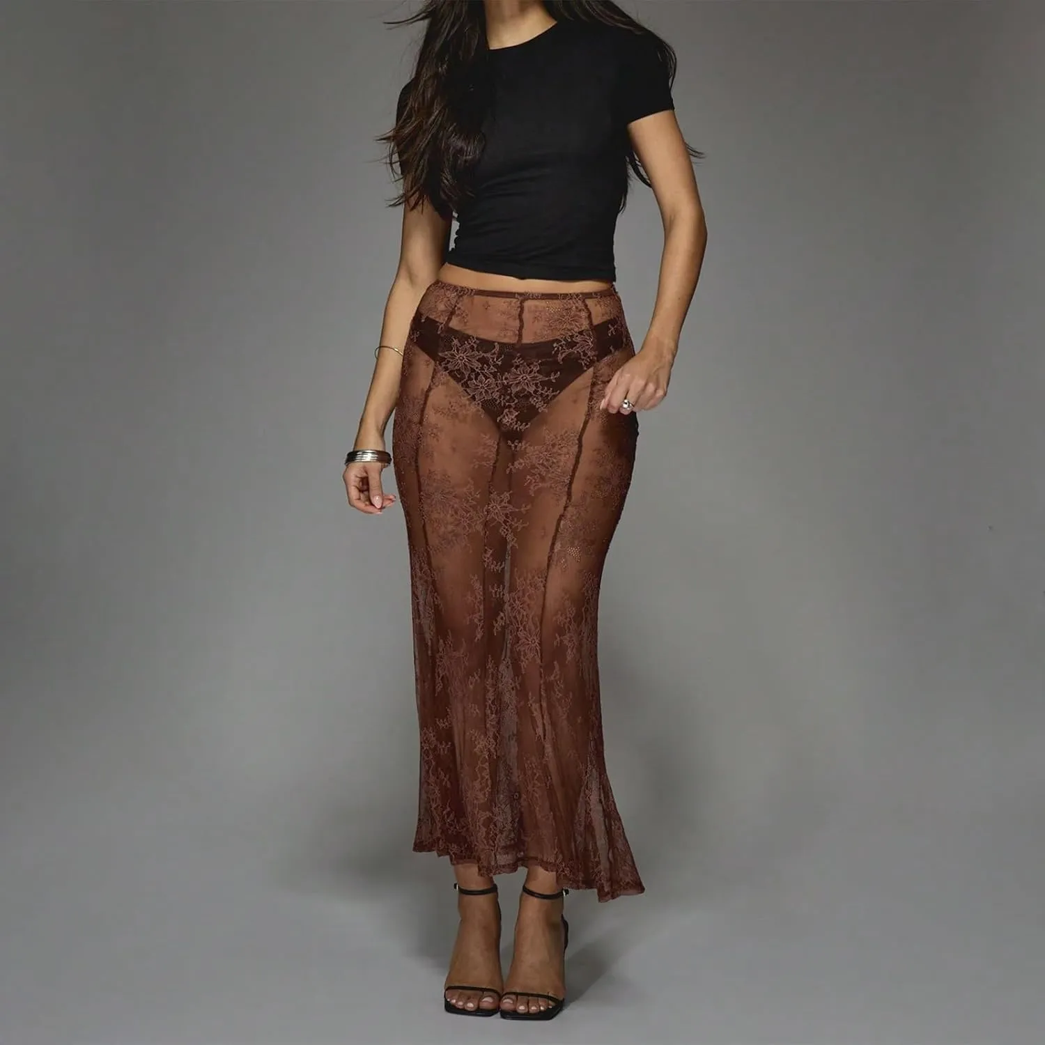 Women Lace Floral Maxi Skirts High Waist See Through Sheer Mesh Long Skirts Bodycon Summer Mermaid Skirt