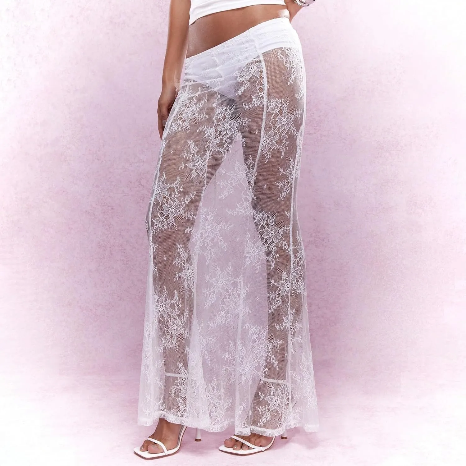 Women Lace Floral Maxi Skirts High Waist See Through Sheer Mesh Long Skirts Bodycon Summer Mermaid Skirt
