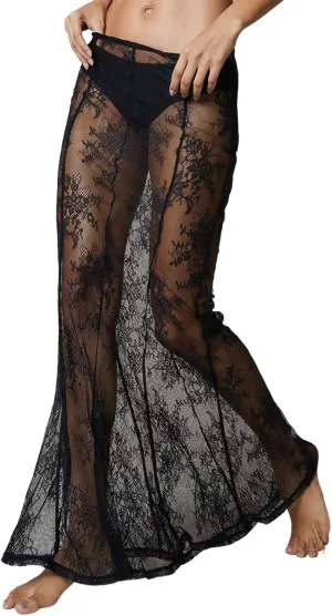Women Lace Floral Maxi Skirts High Waist See Through Sheer Mesh Long Skirts Bodycon Summer Mermaid Skirt