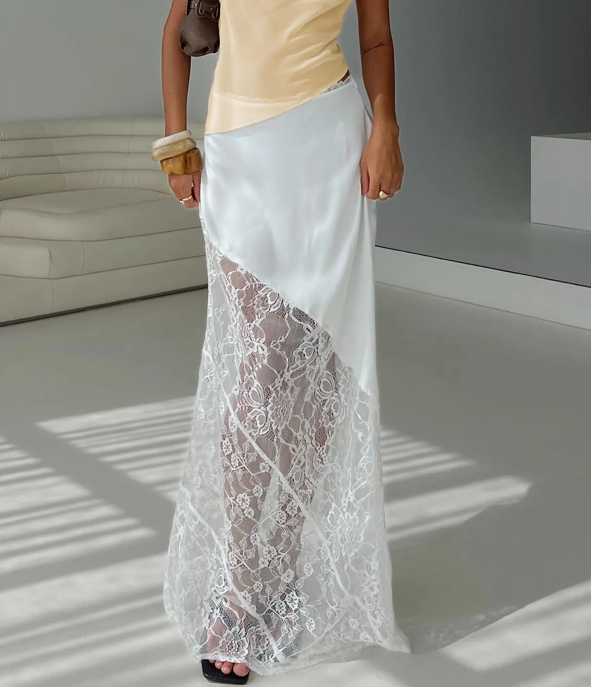 Women Lace Floral Maxi Skirts High Waist See Through Sheer Mesh Long Skirts Bodycon Summer Mermaid Skirt