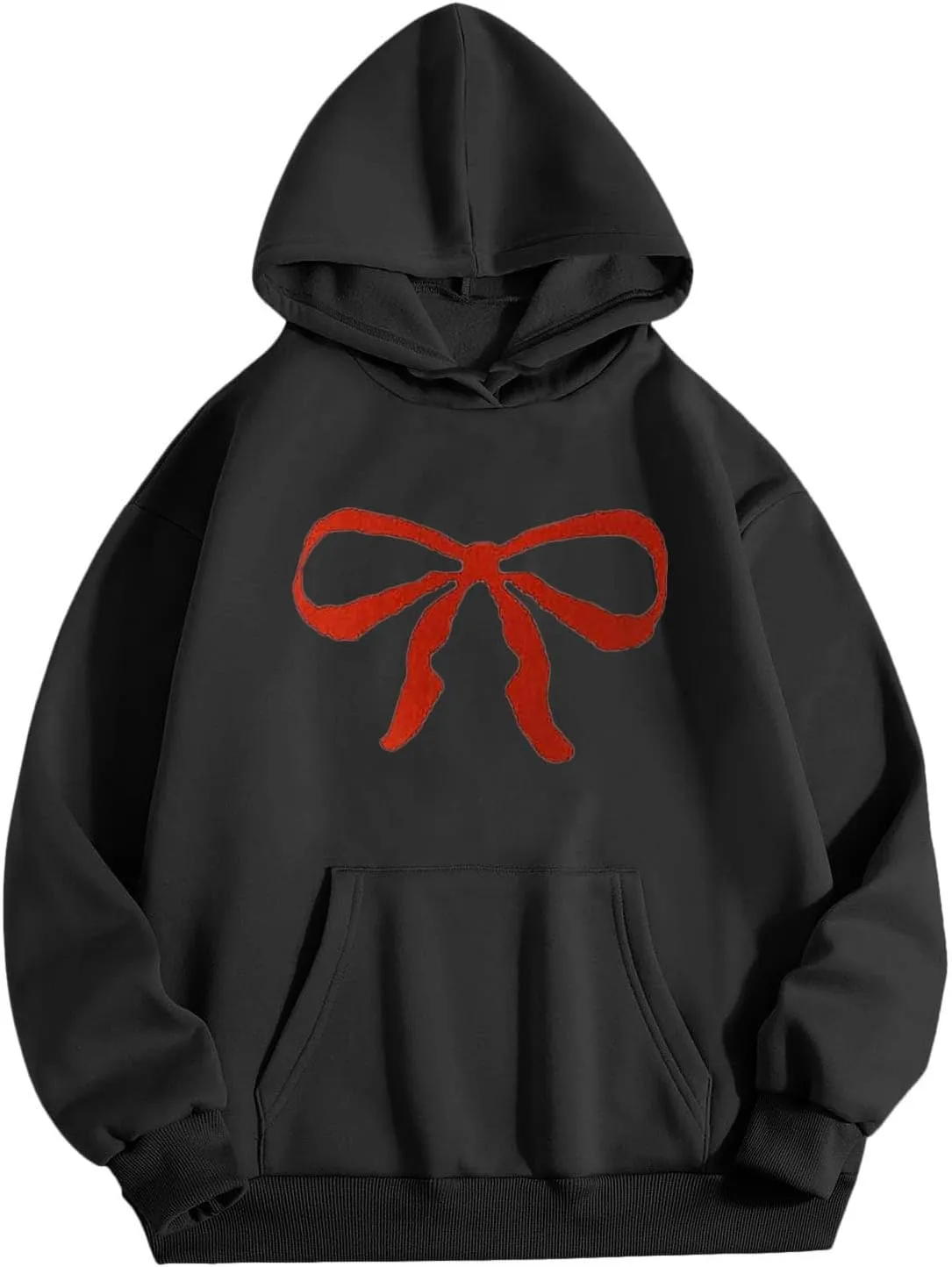 Women Oversized Bow Trim Print Hoodies Long Sleeve Fleeced Casual Graphic Pullover Trendy Fall Hooded Sweatshirts