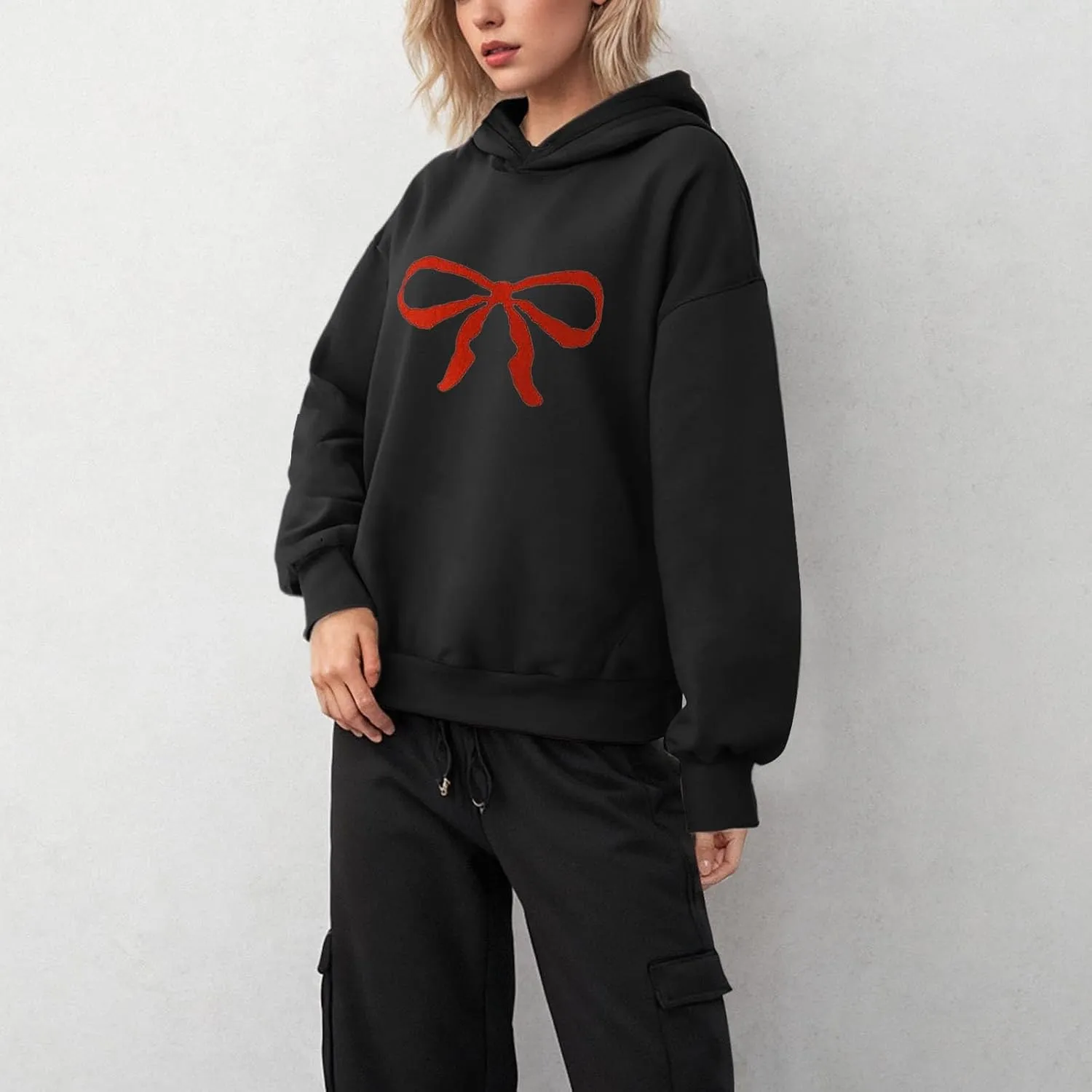 Women Oversized Bow Trim Print Hoodies Long Sleeve Fleeced Casual Graphic Pullover Trendy Fall Hooded Sweatshirts