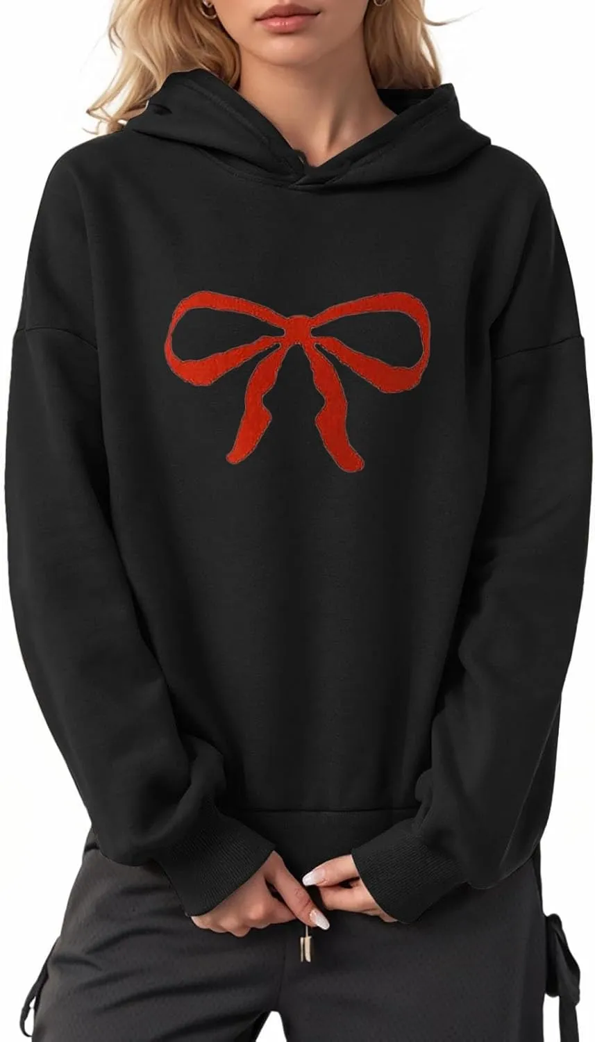 Women Oversized Bow Trim Print Hoodies Long Sleeve Fleeced Casual Graphic Pullover Trendy Fall Hooded Sweatshirts
