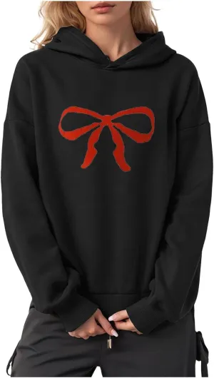 Women Oversized Bow Trim Print Hoodies Long Sleeve Fleeced Casual Graphic Pullover Trendy Fall Hooded Sweatshirts