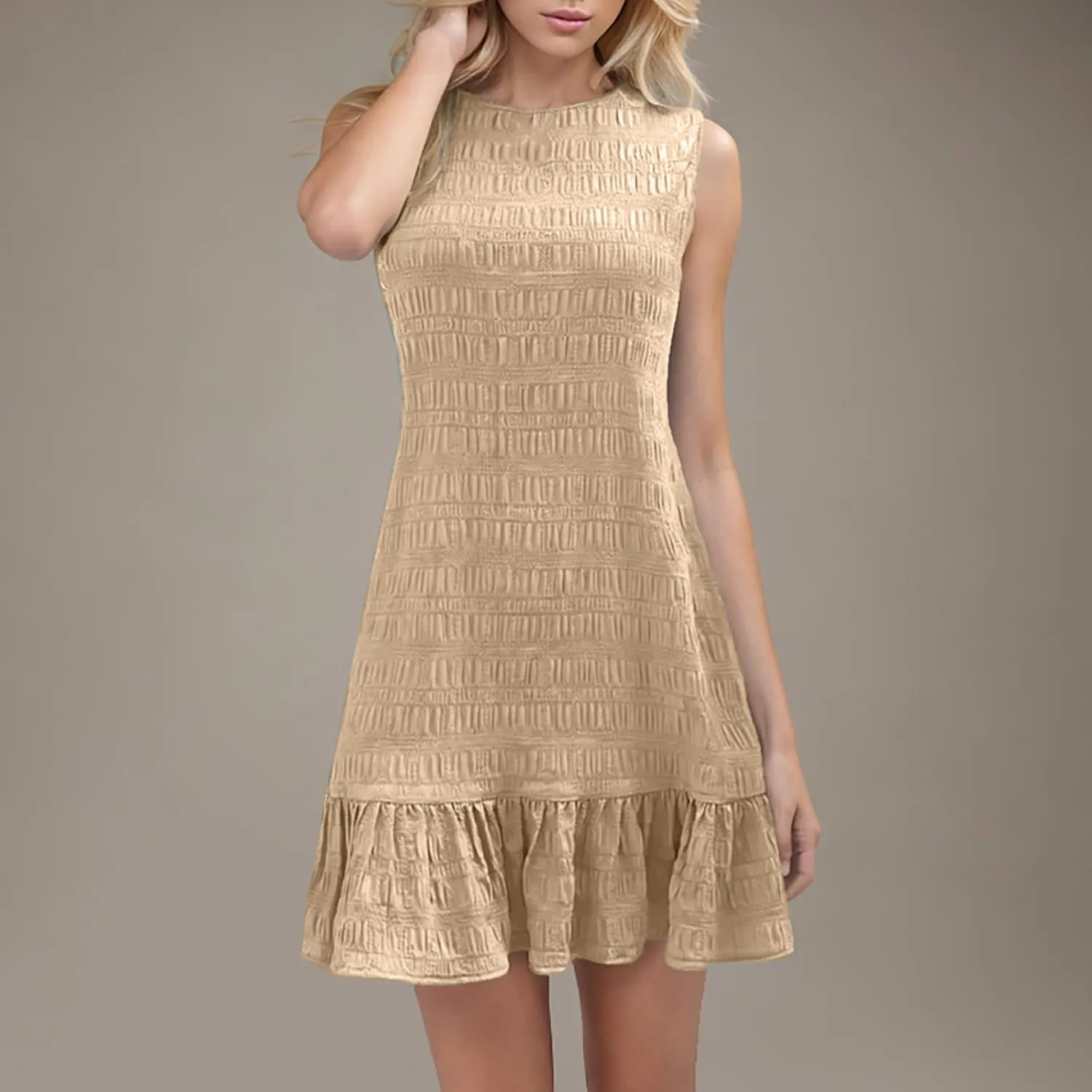 Women Ruffle Hem Sleeveless Tank Dress Casual Crewneck Smock Summer Mini Dresses Trendy Loose Holiday Beach Sundress
