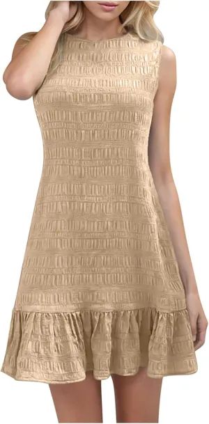 Women Ruffle Hem Sleeveless Tank Dress Casual Crewneck Smock Summer Mini Dresses Trendy Loose Holiday Beach Sundress