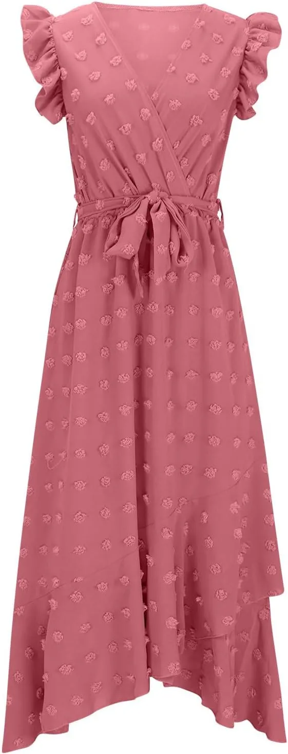 Women Summer 2024 Ruffle Cap Sleeve Wrap V Neck Belted Dress Irregular Ruffle Slit Swiss Dot Casual Beach Maxi Dresses