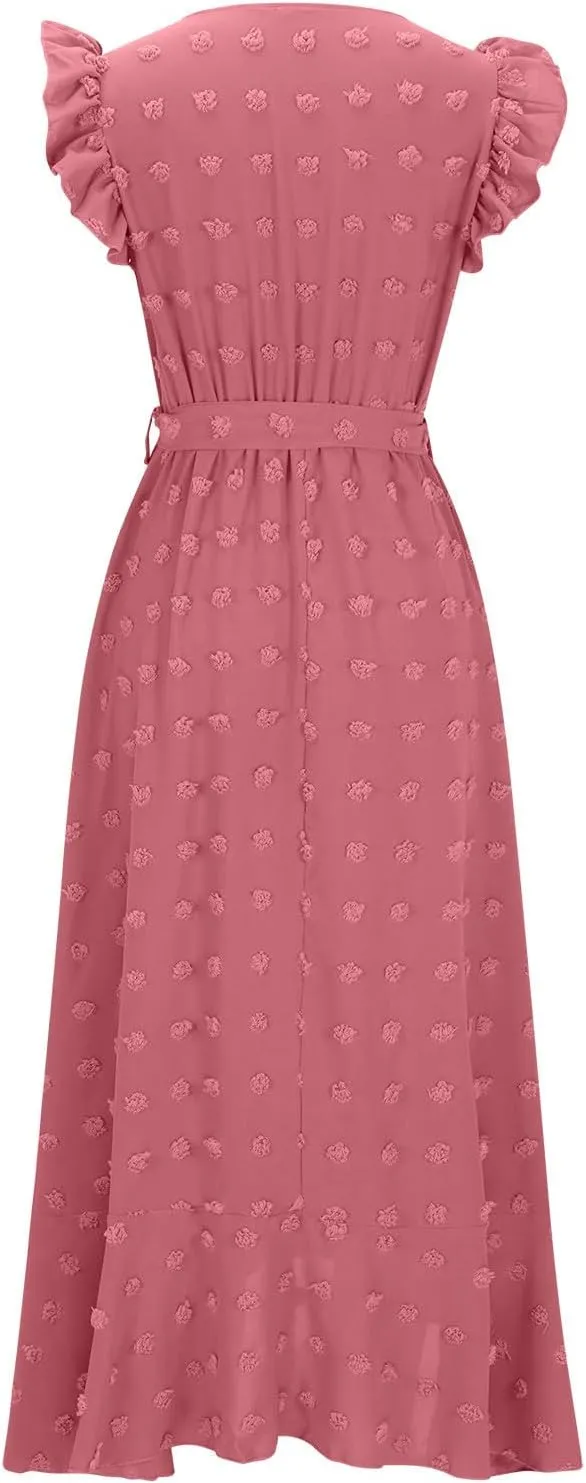 Women Summer 2024 Ruffle Cap Sleeve Wrap V Neck Belted Dress Irregular Ruffle Slit Swiss Dot Casual Beach Maxi Dresses