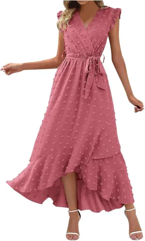 Women Summer 2024 Ruffle Cap Sleeve Wrap V Neck Belted Dress Irregular Ruffle Slit Swiss Dot Casual Beach Maxi Dresses