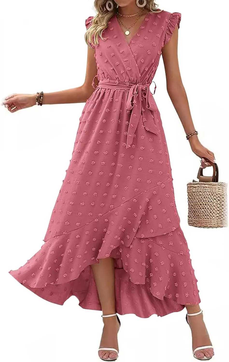 Women Summer 2024 Ruffle Cap Sleeve Wrap V Neck Belted Dress Irregular Ruffle Slit Swiss Dot Casual Beach Maxi Dresses