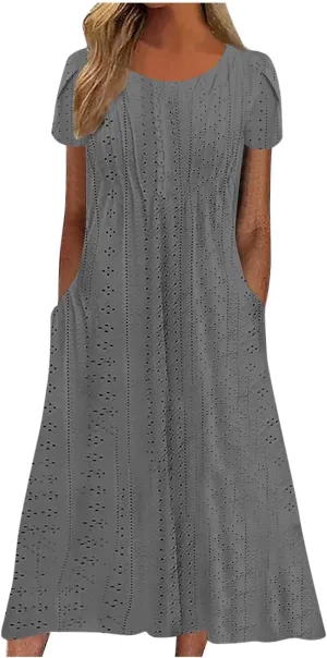 Women Summer Eyelet Dress Casual Petal Short Sleeve Crew Neck Maxi Dresses Loose Tunic Sun Dress with Pockets