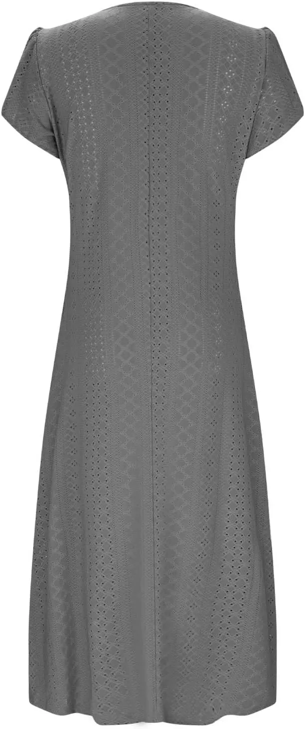 Women Summer Eyelet Dress Casual Petal Short Sleeve Crew Neck Maxi Dresses Loose Tunic Sun Dress with Pockets