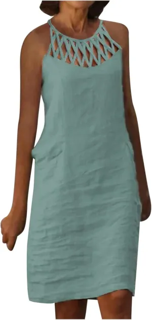 Women Summer Linen Dresses Cotton Boho Shirt Dresses Halter Spaghetti Strap Beach Flowy Short Sundresses